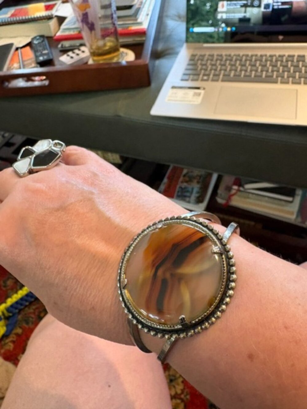 Bold Banded Natural Agate Cabochon Slice Silver Tone Clamper Cuff Bracelet